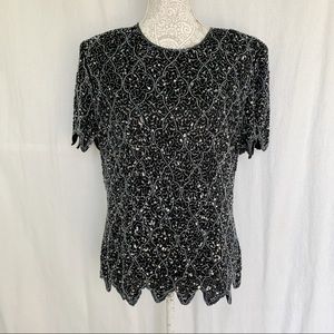 Papell Boutique // Vintage Beaded, Sequins Silk Top Black size Large wk2